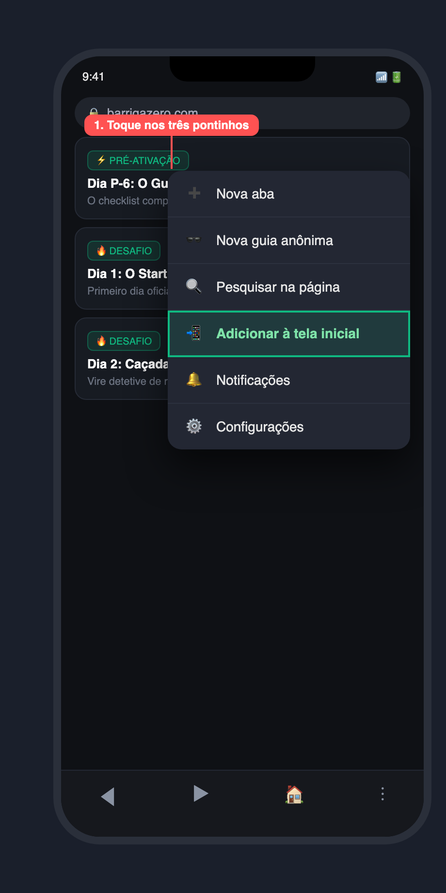 Menu do Chrome no Android: toque em Adicionar à tela inicial