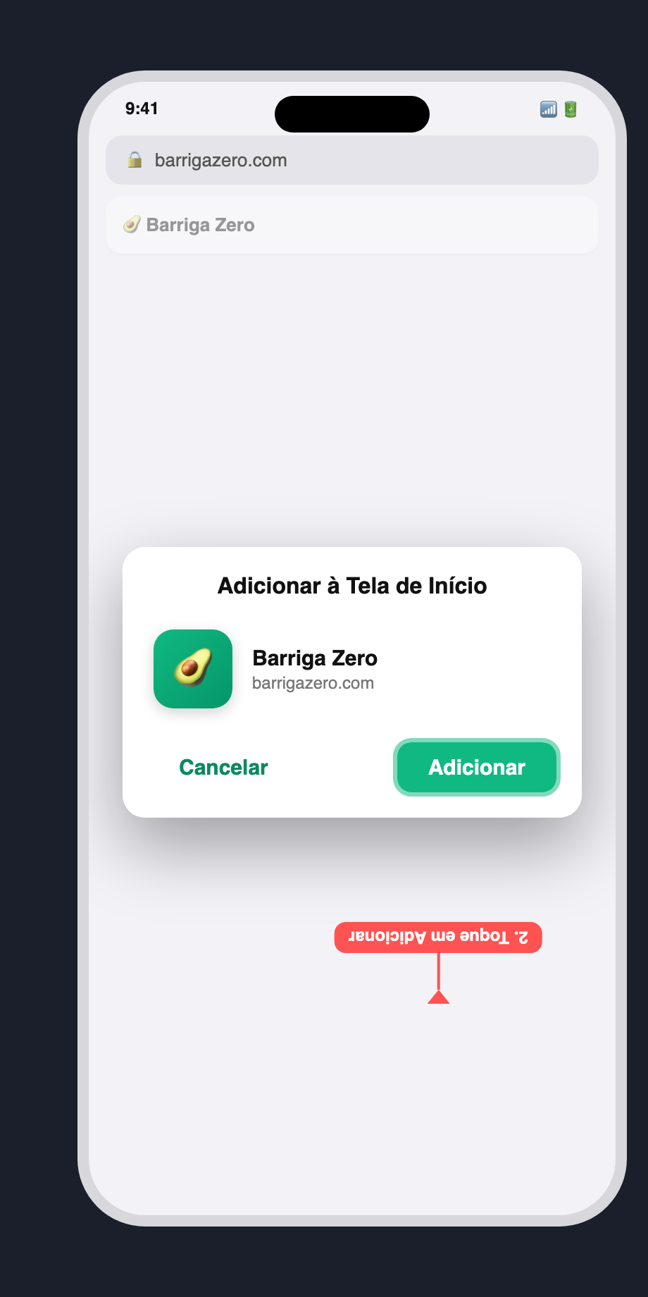 Diálogo Adicionar à Tela de Início: toque em Adicionar