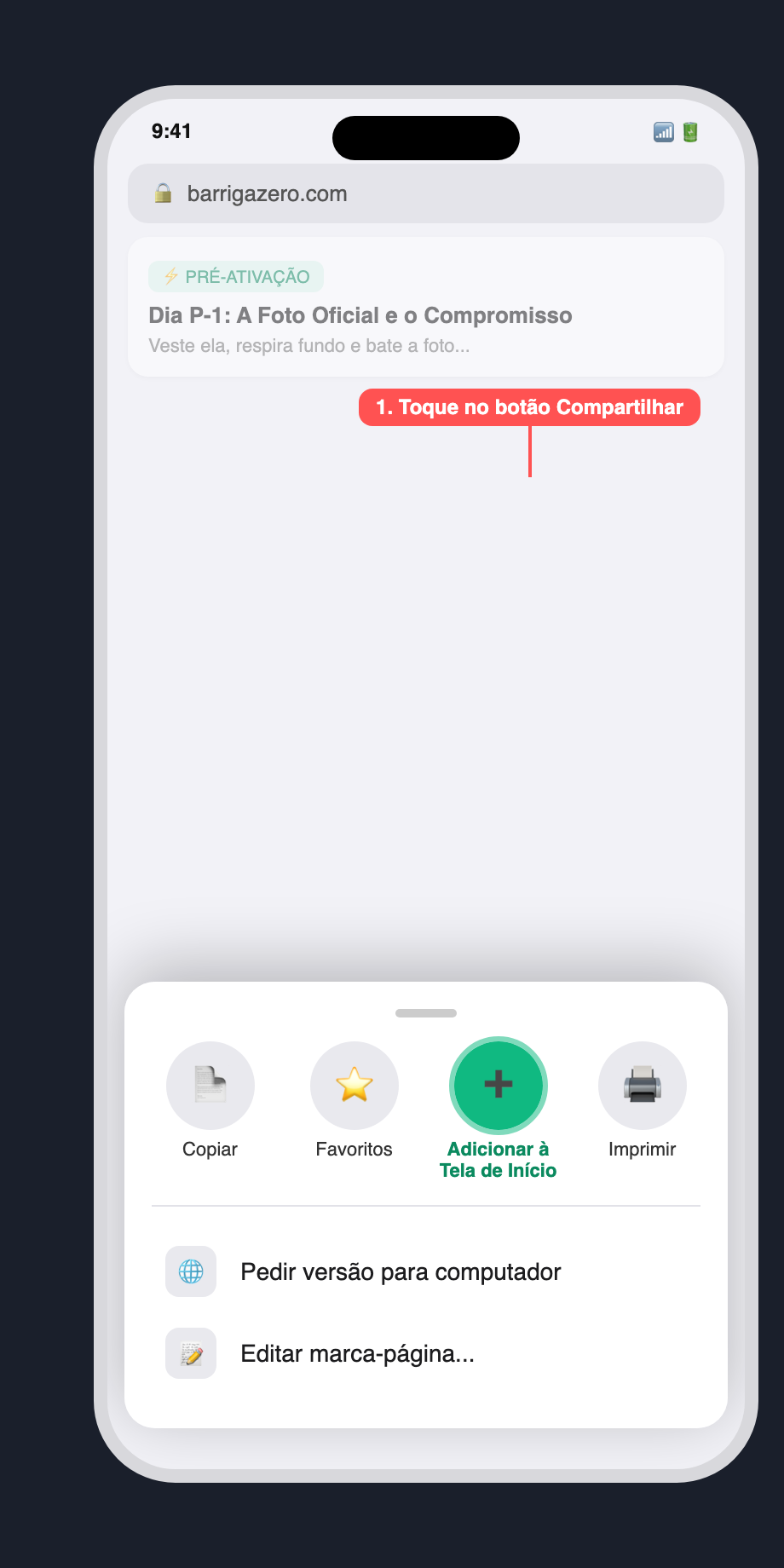Safari no iPhone: toque no botão Compartilhar e em Adicionar à Tela de Início